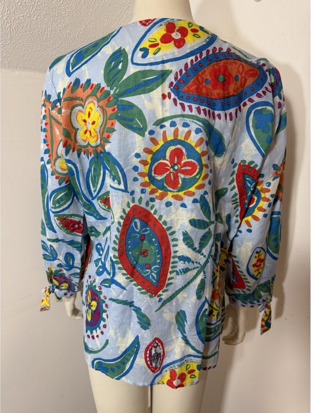 Hester Orchard Womens Large Blue Floral Button Top Linen Blend Blouse 3/4 Sleeve - Picture 4 of 9
